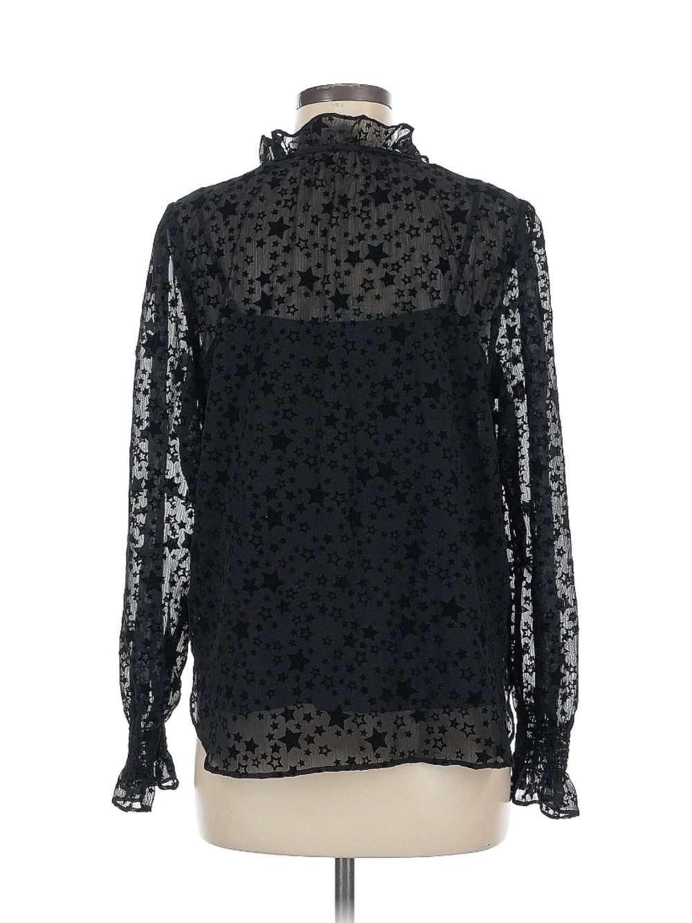 LOFT Black Star-Print Sheer Ruffle Tie-Neck Blouse - Picture 2 of 7